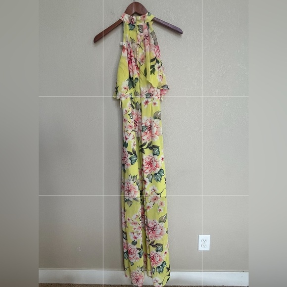 Eliza J Women’s 0 Yellow Floral Halter Pleated Popover Tiered Flowy Maxi Dress - Picture 8 of 8